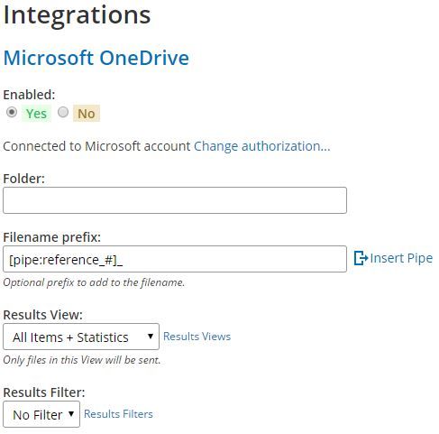 Formsite Microsoft OneDrive integration settings