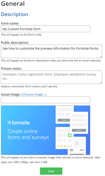 Formsite link preview settings