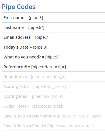 Formsite email receipt pipe codes
