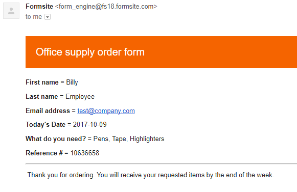 Formsite email receipt