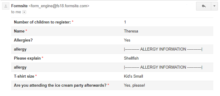 Formsite hidden formatting items email