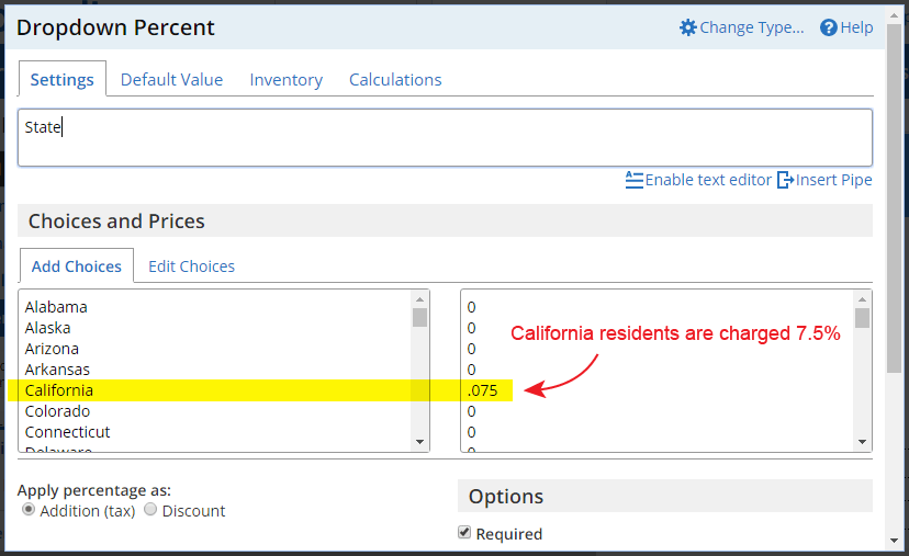 Formsite order form additions tax percent