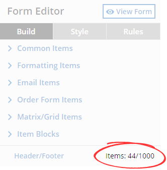 Formsite service level limits items