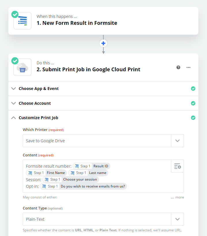 Formsite Google Drive Zap settings