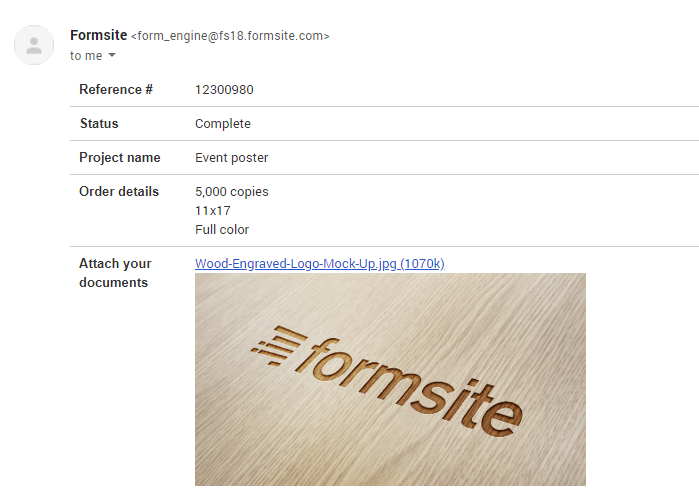 Formsite show uploaded images example email