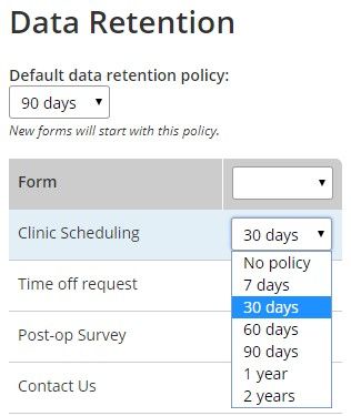 Formsite data retention form results