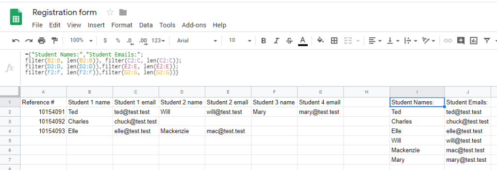 Formsite Google Sheets tips rows to multiple columns