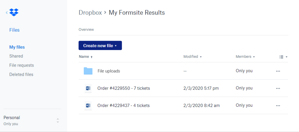 Formsite send results to Dropbox