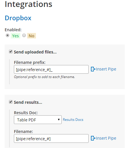 Formsite send results to Dropbox settings
