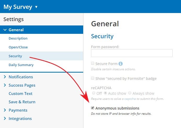 Formsite anonymous surveys ip address