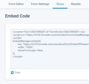 Formsite integration tools embed code