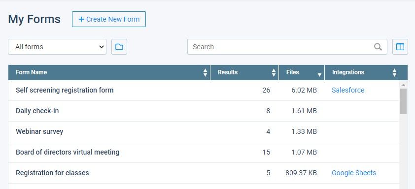 Formsite My Forms list example