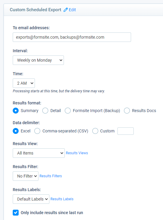 Formsite custom Scheduled Export settings