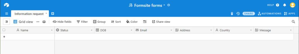 Formsite Airtable example table