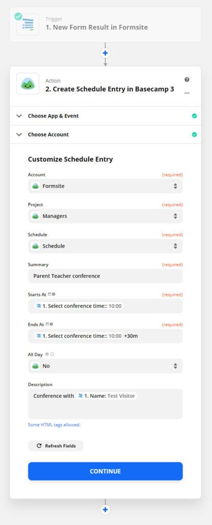 Formsite Basecamp schedule settings