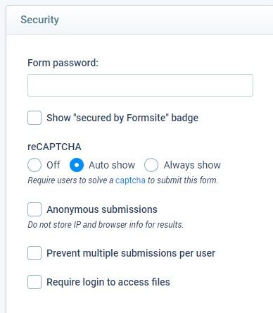Formsite data privacy security settings