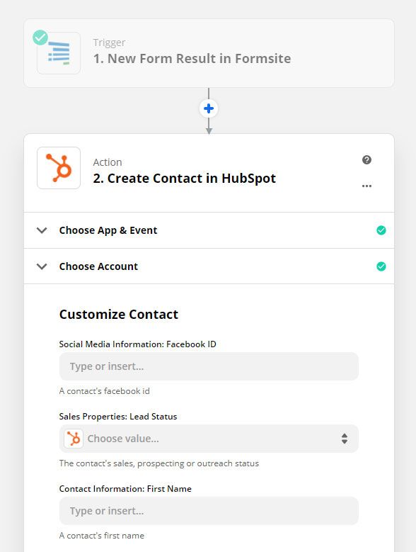 Formsite HubSpot Zap settings