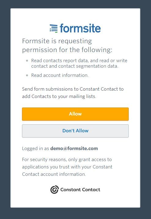 Formsite Constant Contact authorization