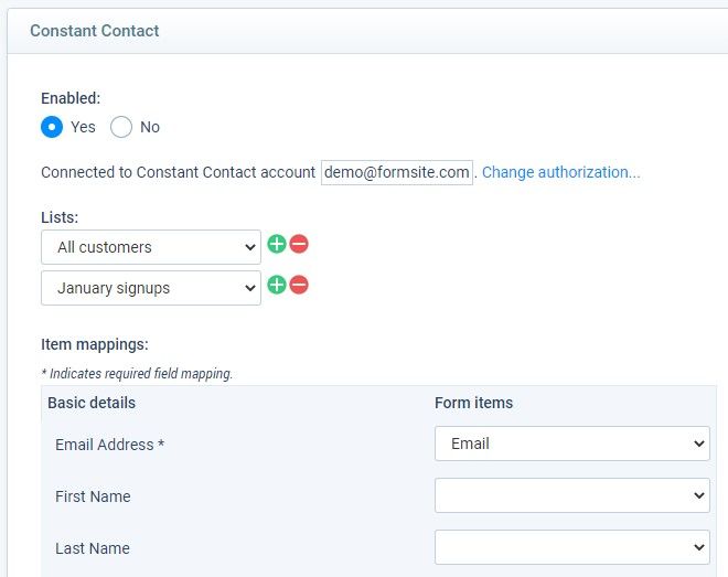 Formsite Constant Contact settings