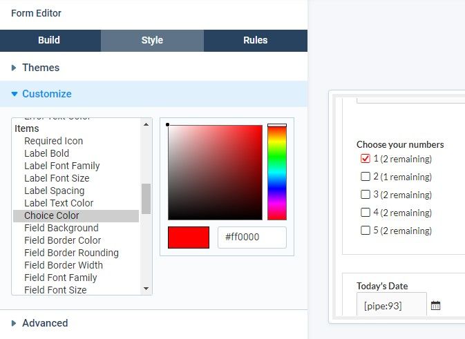 Formsite Styling settings