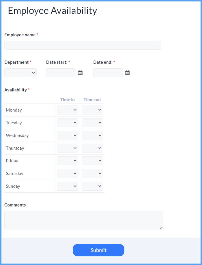 Employee Availability Form Template Formsite