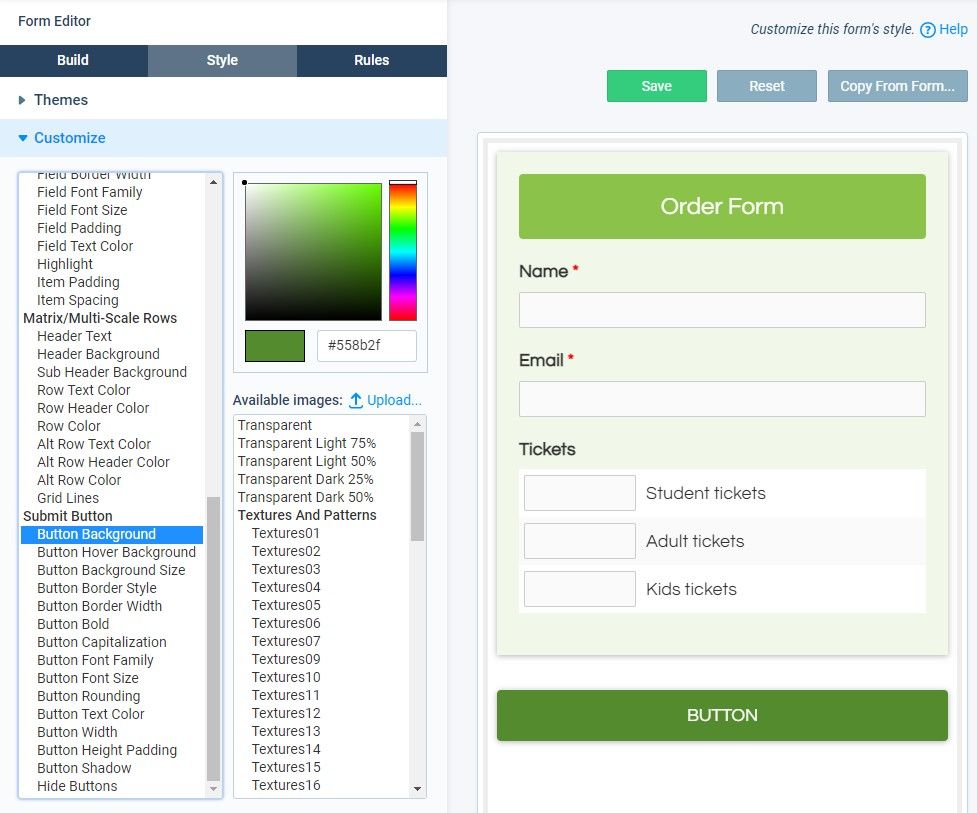 Formsite order form style settings