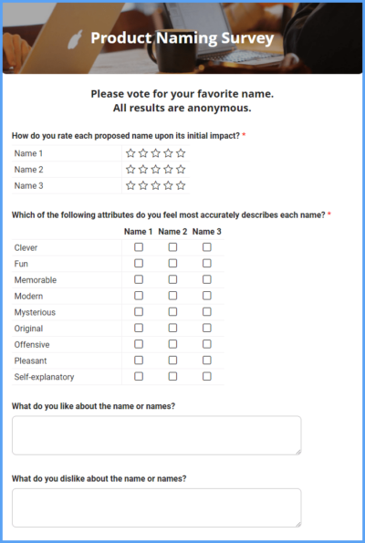 Product Naming Survey Form Template 