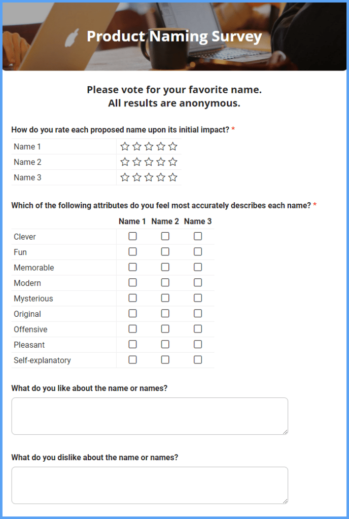 Product Naming Survey Form Template | Formsite