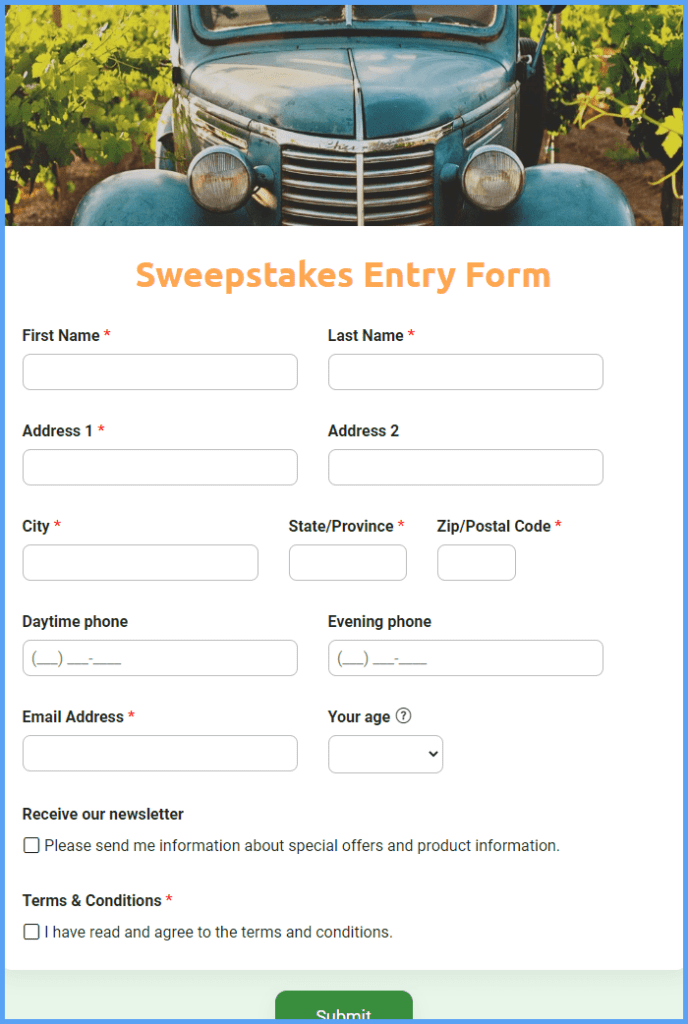 Sweepstakes Forms & Contest Entry Form Template | Formsite