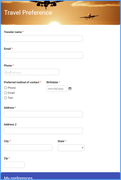 Travel Preference Form Template | Formsite