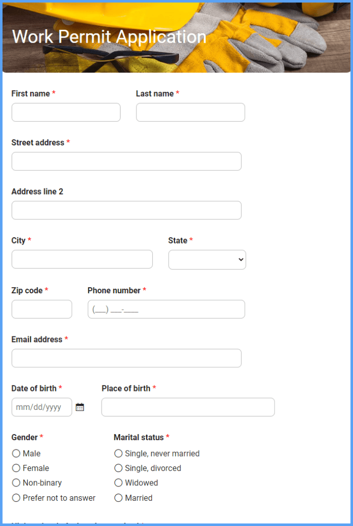 Work Permit Application Form Template | Formsite